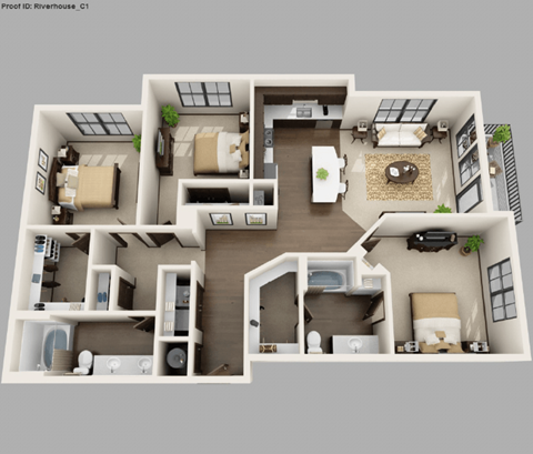 Floor plan for 3 beds, 2 baths, 1394 sqft